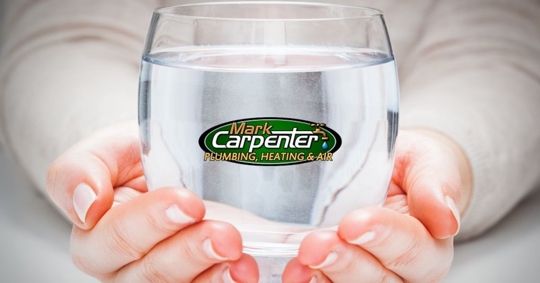 Woman holding glass of water with company logo.